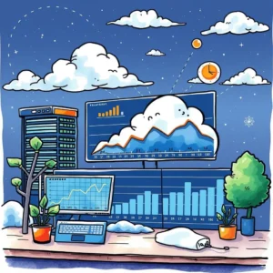 Efficiency report synthesizer: Summarize performance metrics for better insights 1 A colorful illustration depicting performance metrics on digital screens.