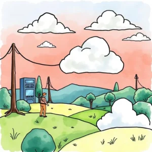 A person near a data utility in a tranquil landscape, symbolizing cloud performance monitoring.