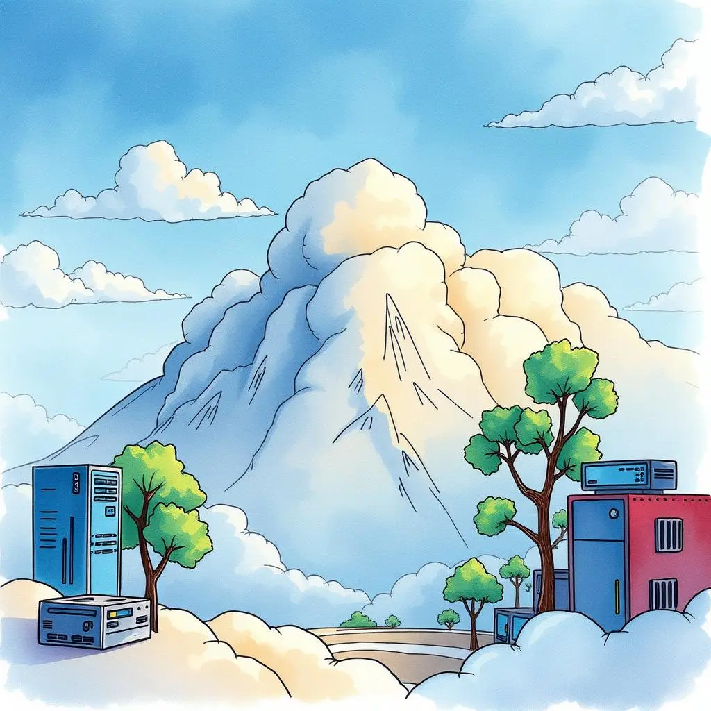 It performance recap tool: Generate concise performance reviews for IT services 1 Clouds surrounding mountains with servers symbolizing it performance monitoring.