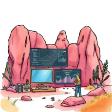 A person analyzes performance data displayed on screens in a unique rocky landscape.