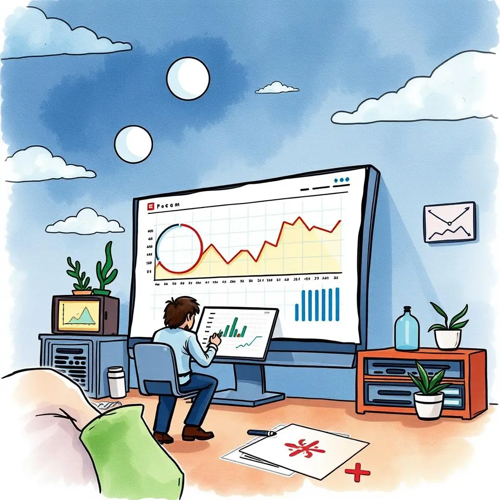 Performance summary creator: Automatically draft insights on metrics 1 A data analyst working on performance metrics using a digital tool, surrounded by graphs and statistics.