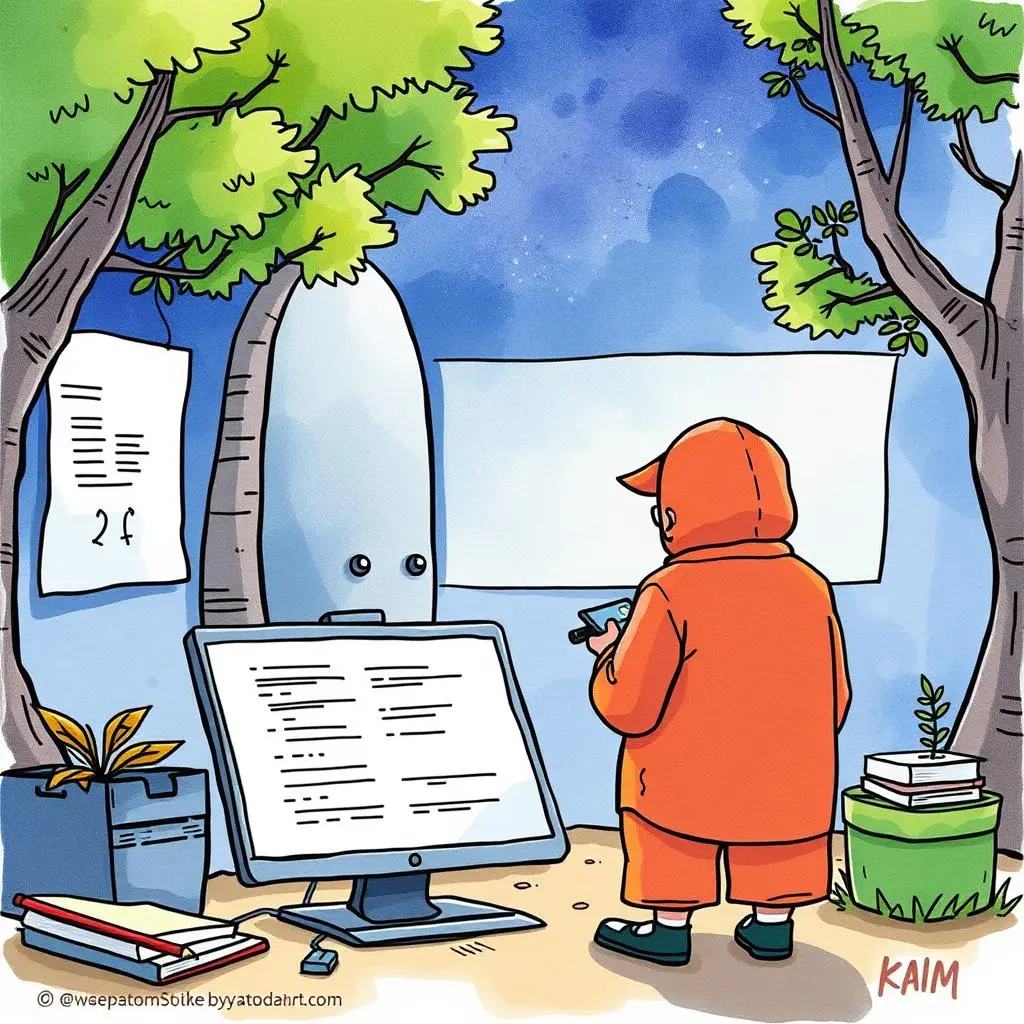 Test execution report synthesizer: Create detailed reports from testing executions 1 A person in an orange outfit using a computer in a natural setting to synthesize test execution reports.