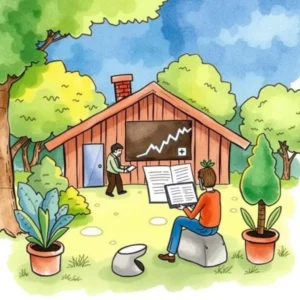 A person analyzing performance metrics outside a house surrounded by trees and plants.