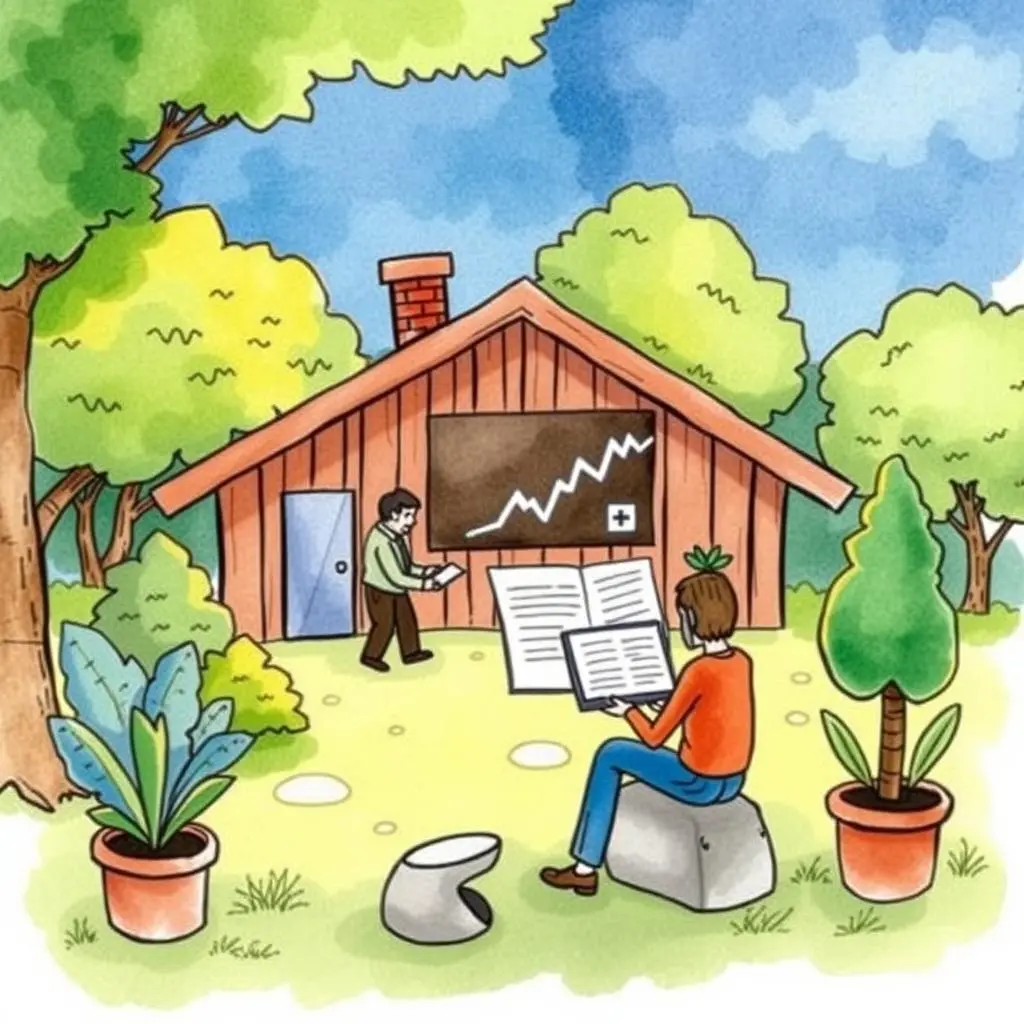 Performance metrics generator: Generate precise metrics for performance assessment 1 A person analyzing performance metrics outside a house surrounded by trees and plants.