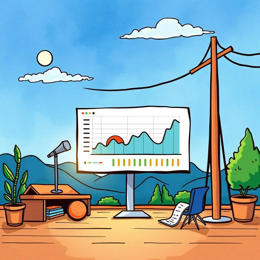 Performance summary composer: Summarize project performance for stakeholders 1 Colorful illustration of a computer displaying performance metrics in a scenic setting.