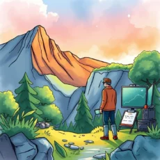 Person analyzing sales metrics against a scenic mountain backdrop.