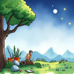 A person sitting under a tree, working on a tablet amidst a serene landscape with mountains and stars.