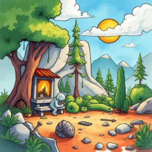 A playful illustration of a creature enjoying a tranquil outdoor setting with trees and mountains in the background.