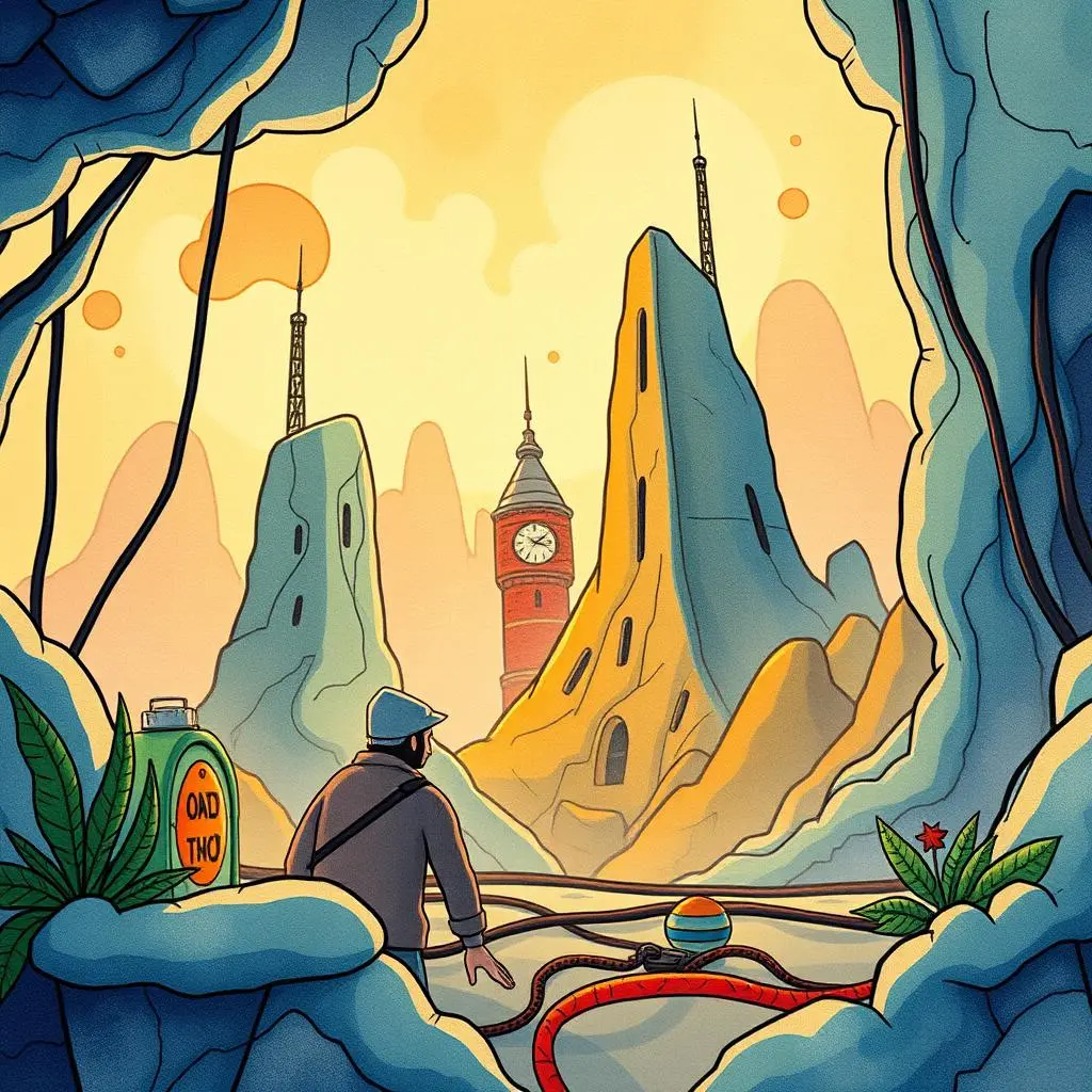 A person surveys a surreal landscape with communication towers and a clock tower in the distance.