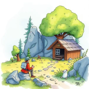 A hiker rests near a cozy cabin surrounded by trees and stones, contemplating nature.