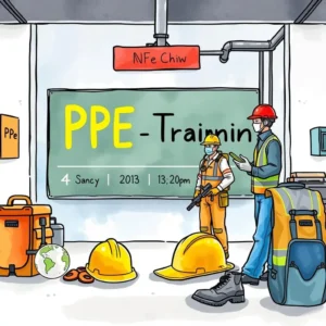 Ppe training calendar: Visualize upcoming PPE training dates and details 5 PPE training session illustration featuring safety gear and training details.