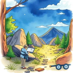 A person analyzing data on a tablet in a scenic mountainous landscape with trees and rocks.
