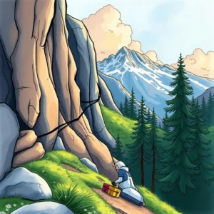 A person working on a mountain cliff with tools for optimizing climbing routes in a natural landscape