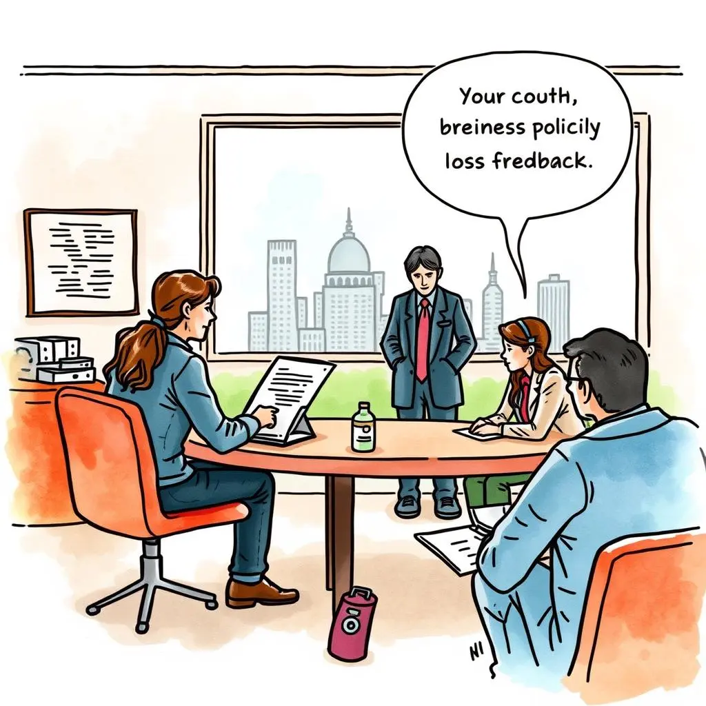 Feedback integration assistant: Synthesize stakeholder feedback into policies 1 Your couth, breiness policiy loss fredback meeting in an office with city skyline view.