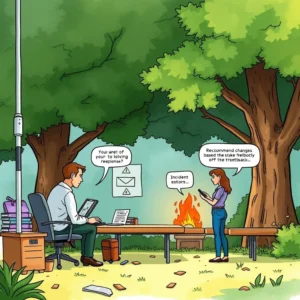 A professional discusses policy recommendations in a natural outdoor setting with trees and a fire.