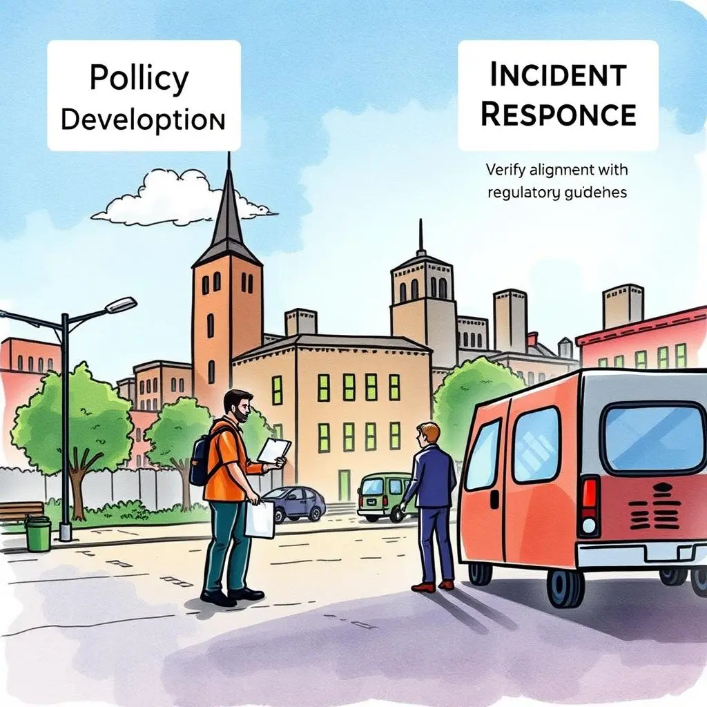 Rule checker: Verify alignment with regulatory guidelines quickly 1 Policy Development and Incident Response in a cityscape, highlighting regulatory compliance.