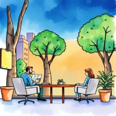 A professional discussion on policy compliance takes place outdoors between two individuals.