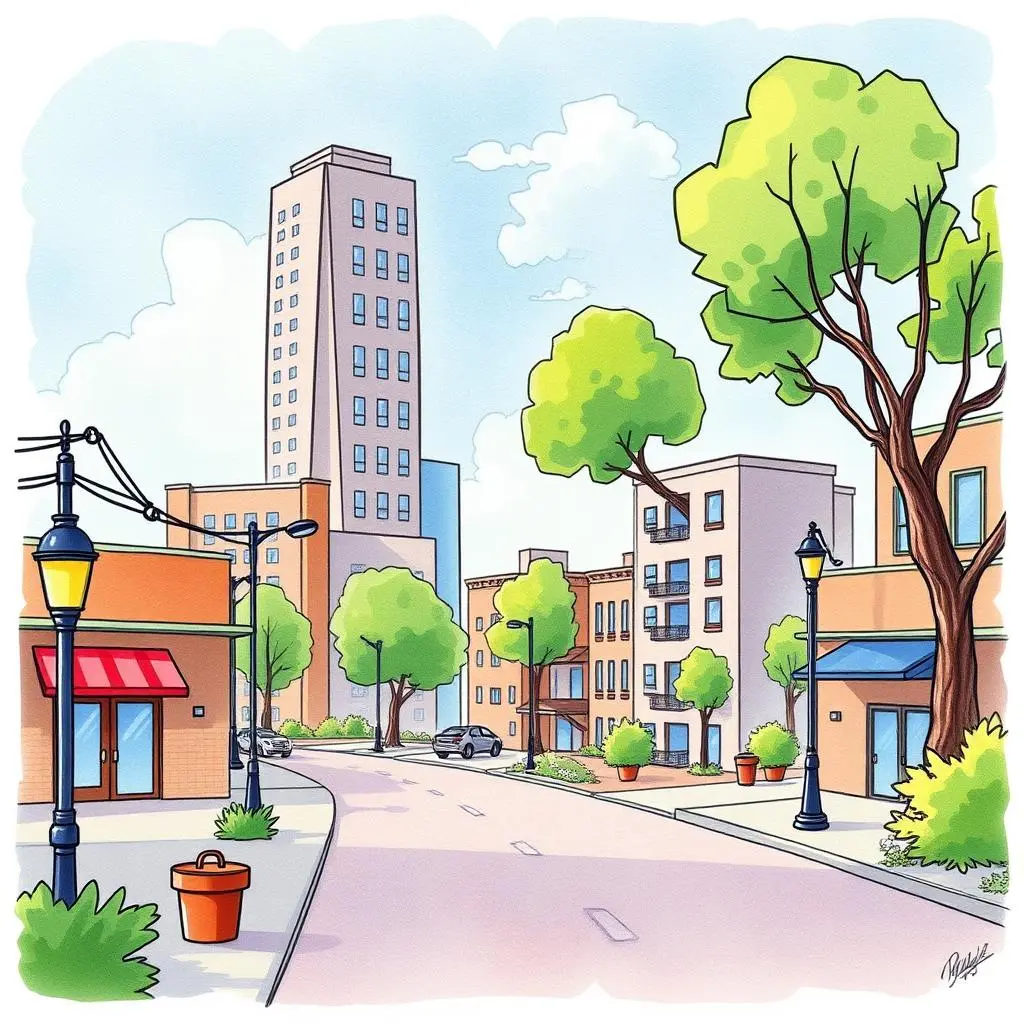 Market trend reporter: Generate reports on market trends for chosen locations 1 A colorful urban landscape featuring buildings and greenery for market trend analysis.