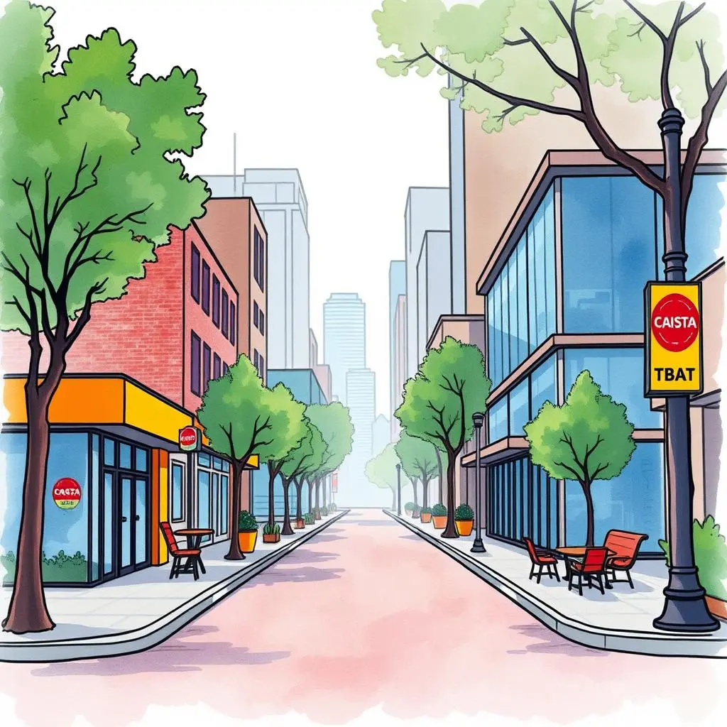 Site insights analyzer: Evaluate potential site attributes and suitability 1 A vibrant city street scene illustrating office buildings and landscaped sidewalks for site analysis