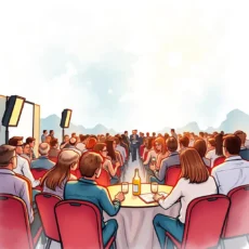 A diverse audience engaged in a post-event discussion at a conference.