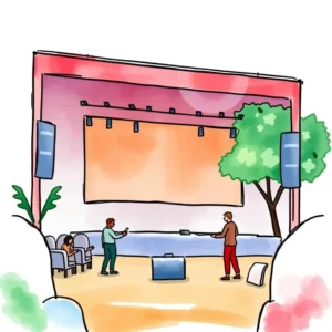 Event review summarizer: Concisely recap overall event performance metrics 2 Animated illustration of a stage setup for event performance evaluation.