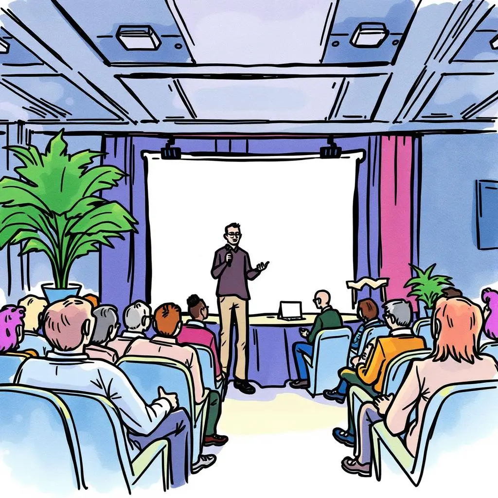 Feedback analyzer: Summarize participant feedback for improvements 1 A speaker presenting feedback insights to an audience at a marketing and communications event.