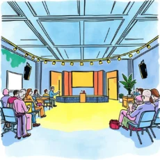 Improvement Suggestion Generator tool in a vibrant post-event evaluation setting with participants engaged in discussion