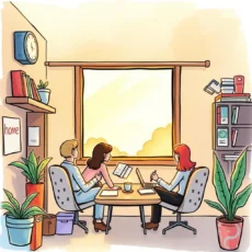 A group of professionals collaborates at a desk with a view, planning client appreciation messages.