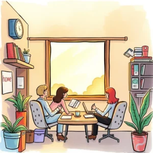 A group of professionals collaborates at a desk with a view, planning client appreciation messages.