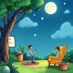 A person using a smartphone while sitting opposite someone in a cozy chair under a full moon.