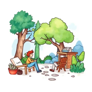 A peaceful outdoor scene of two individuals engaging in conversation surrounded by trees and plants.