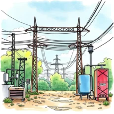 Power system landscape illustrating fault analysis tools and equipment.