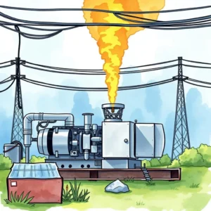 Illustration of a power generator with emissions and transmission lines.