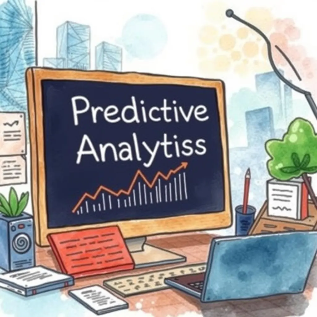 Data trends narrator: Convey key data patterns simply 1 Illustration of a workspace focused on predictive analytics and data trends.