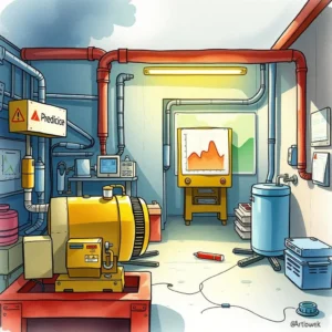 A colorful manufacturing setup showcasing a generator and monitoring equipment for predictive maintenance