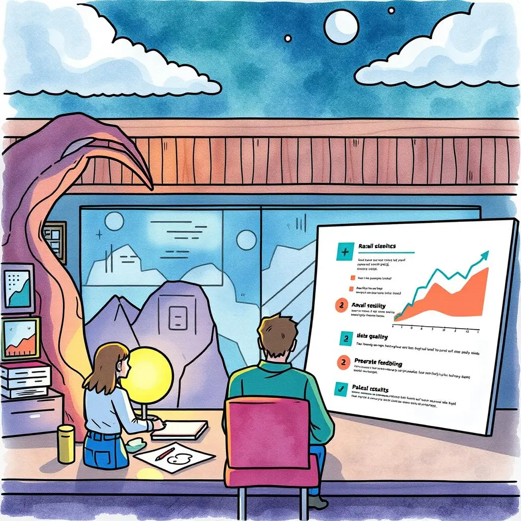 Forecast feedback facilitator: Generate feedback requests on predictive results 1 Two analysts reviewing predictive modeling results with charts and graphs.