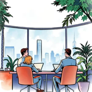 A team prepares a presentation with laptops, facing a city skyline through large windows.