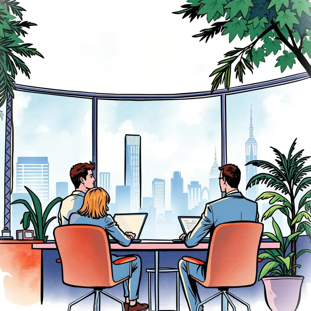 A team prepares a presentation with laptops, facing a city skyline through large windows.