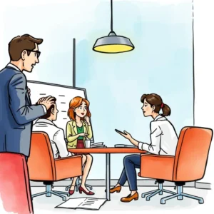 A group of professionals engaged in a collaborative discussion around a conference table.