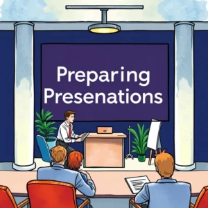 Preparing for a presentation with a speaker at the front and an audience engaged in a meeting