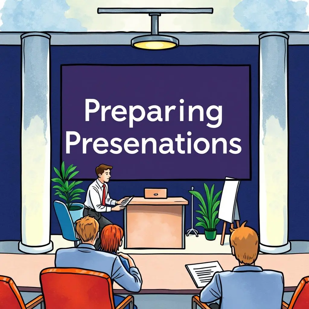 Preparing for a presentation with a speaker at the front and an audience engaged in a meeting