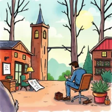 A person sitting in an outdoor workspace, reviewing a document near rustic houses and a tall clock tower.