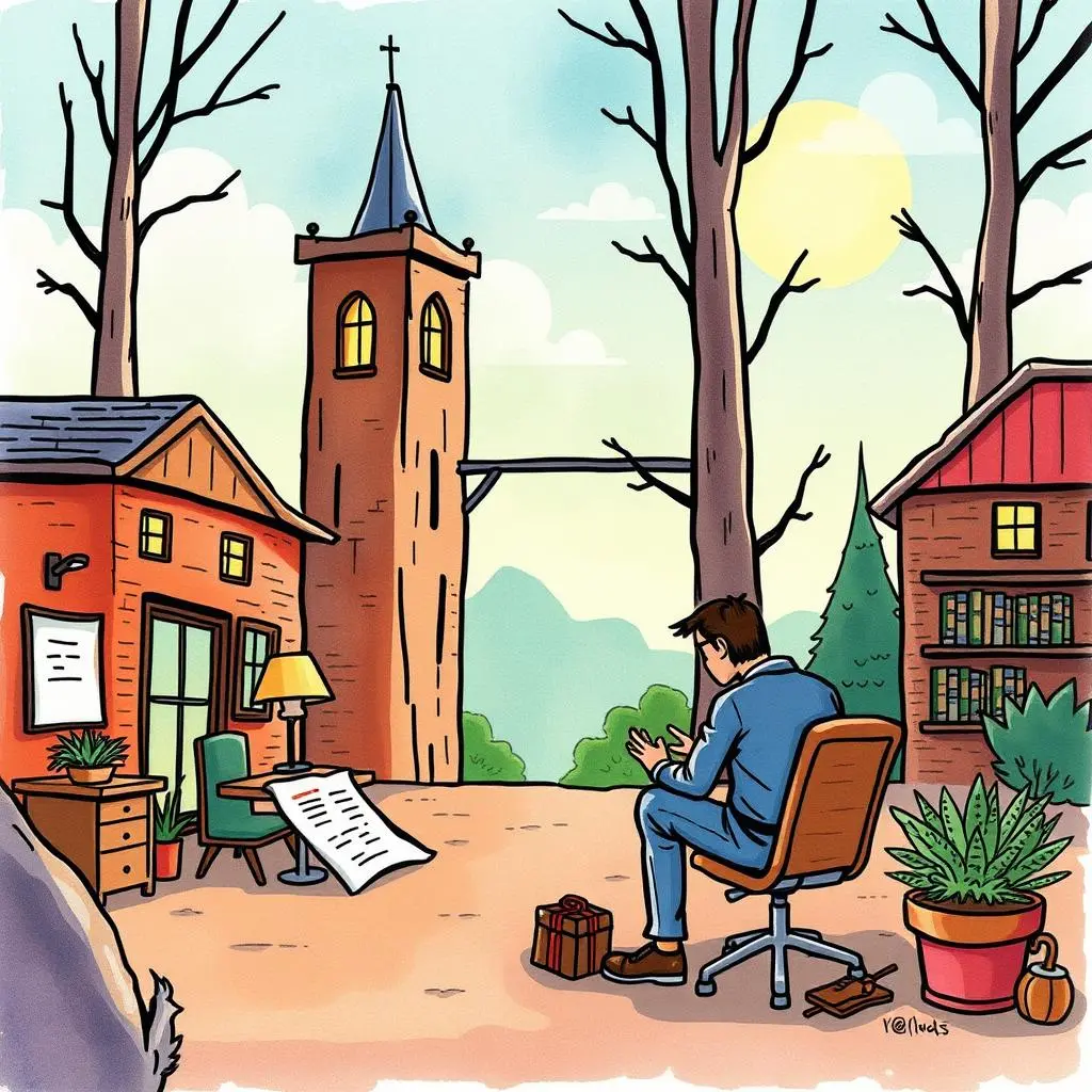 Draft polisher: Refine and clarify your press release text 1 A person sitting in an outdoor workspace, reviewing a document near rustic houses and a tall clock tower.