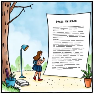 A person standing in front of a large press release document outdoors.