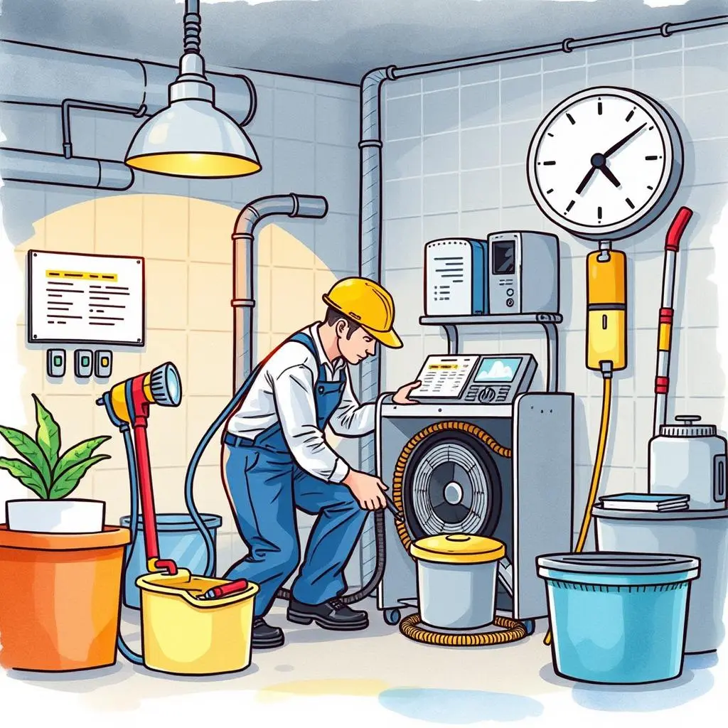 Equipment condition report: Create detailed reports on cleaning status 1 A technician performs maintenance on industrial cleaning equipment in a production facility.