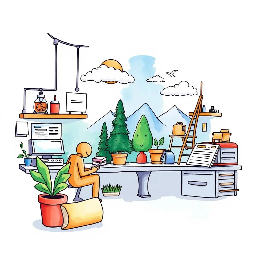 Financial comparison tool: Compare the advantages of different investments 1 A colorful workspace with a person analyzing data amidst tools and nature, emphasizing process analysis.
