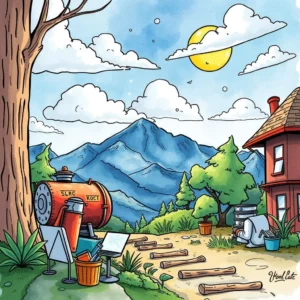 A vibrant illustration of a mountain landscape with tools for performance evaluation in a supply chain setting
