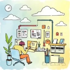 A person analyzes workflow processes at a desk with various tools and documents.