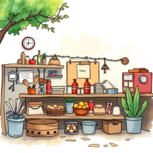 A cozy workspace filled with various jars, fruits, kitchen tools, and plants for process analysis.