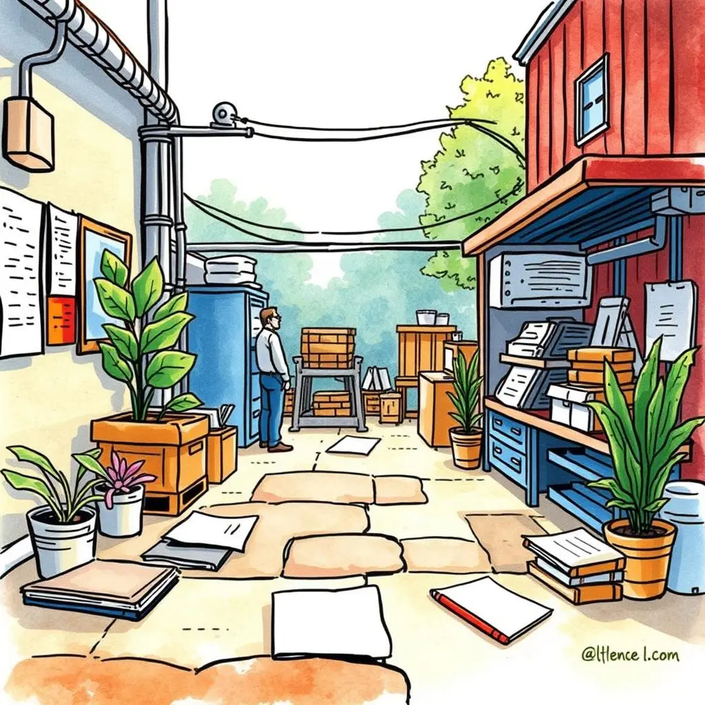 Audit trail documenter: Document processes for auditing purposes 1 A workspace filled with documents and storage boxes, representing process auditing in manufacturing